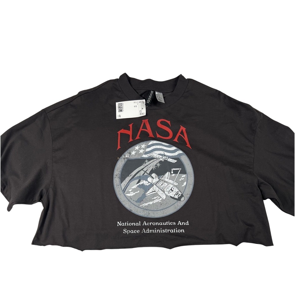 H&M Divided NASA Boxy Oversized streetwear Grunge Crop Top T-Shirt Dark Gray‎ XS